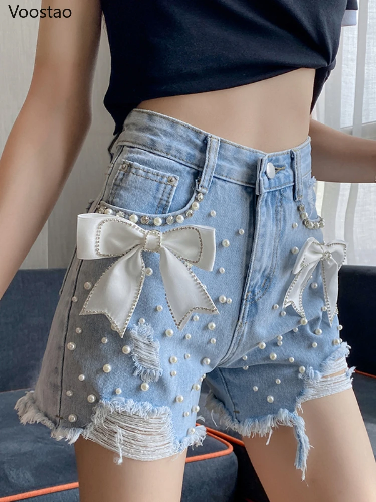 Sweet Lolita Style Denim Shorts Summer Women Harajuku Chic Bow Pearl Short Pants Female Sexy High Waist Hole Y2k Hip Hop Jeans