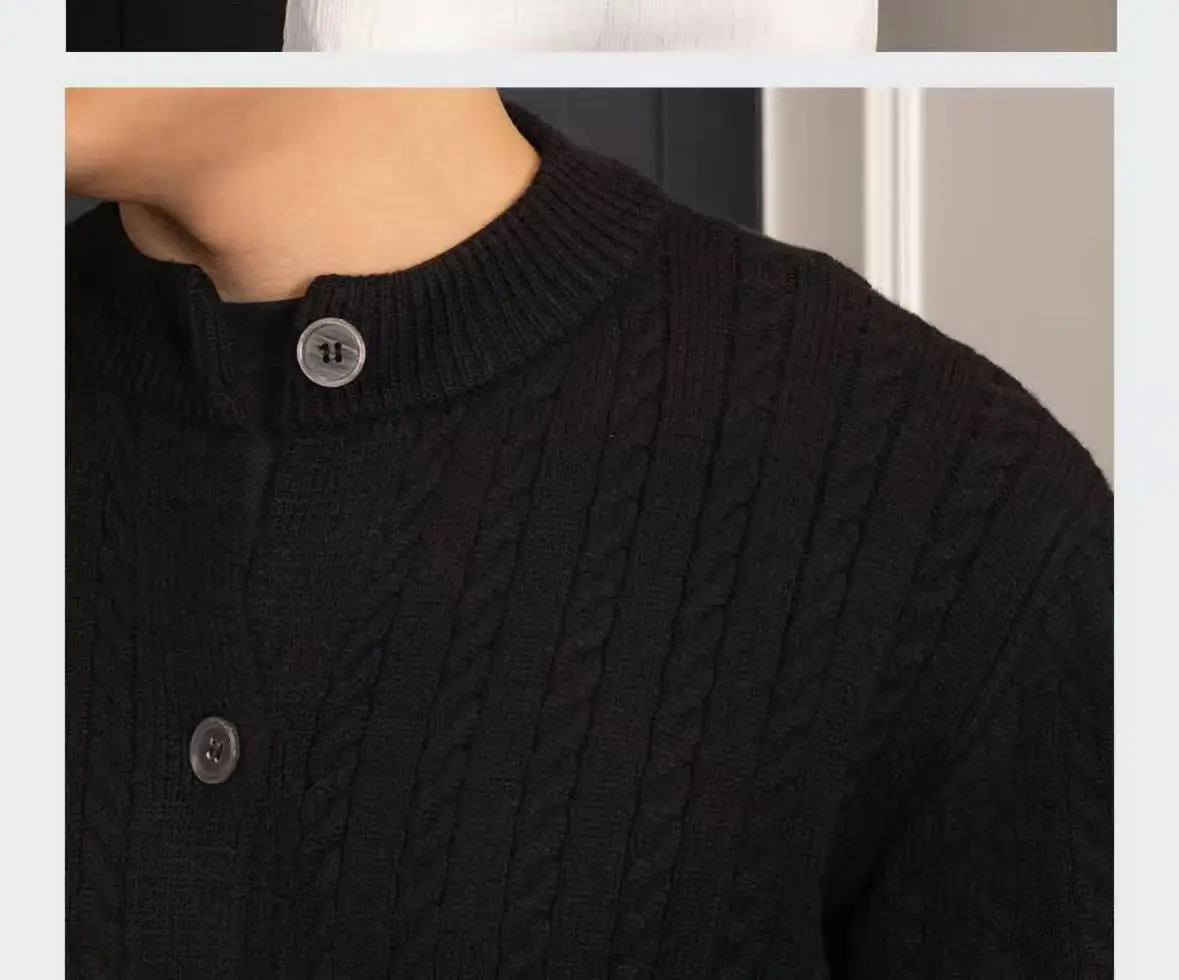 เสื้อสเวตเตอร์ผู้ชายผ้าฝ้าย 100% แบบหนา ติดกระดุมแถวเดียว แฟชั่นทันสมัย แขนยาวถักลายเกลียว เสื้อคลุมแขนยาว