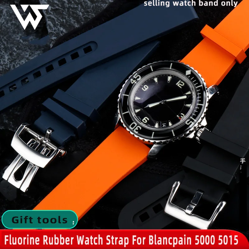 High quality fluoro rubber Watch Strap 23mm For Blancpain 5000 5015 5066 5200 Fathoms orange Blue metal Folding Buckle Watchband