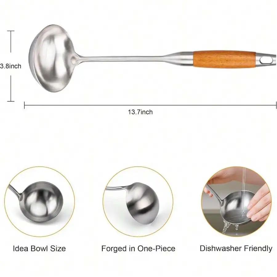 Stainless Steel Soup Ladle With Wooden Handle Heat Resistant Easy Clean Kitchen Utensil