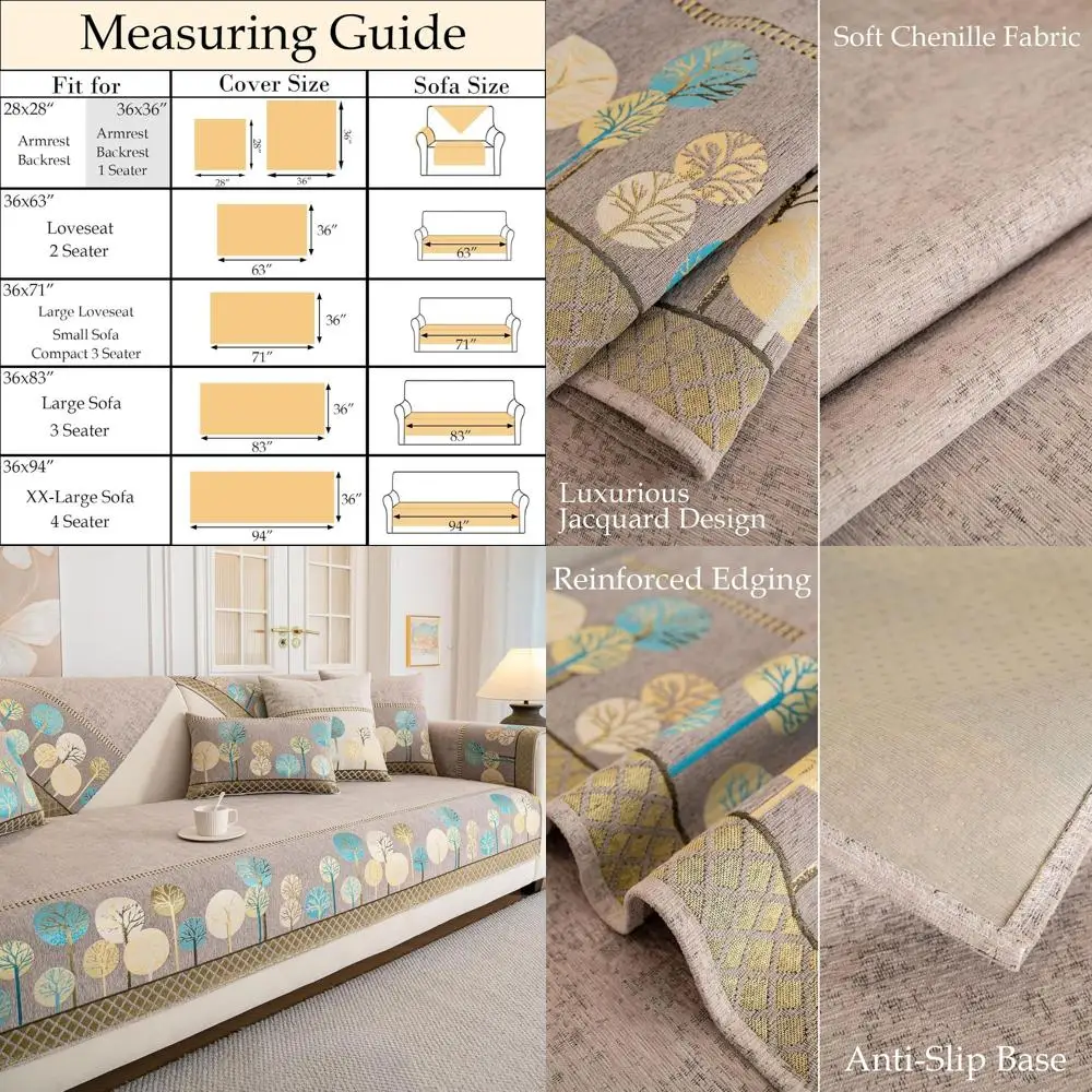 

Khaki Chenille 3-Seat Sofa Slipcover, 36x83, Boho Jacquard Pattern, Washable Non-Slip for 3 Cushion Sectional