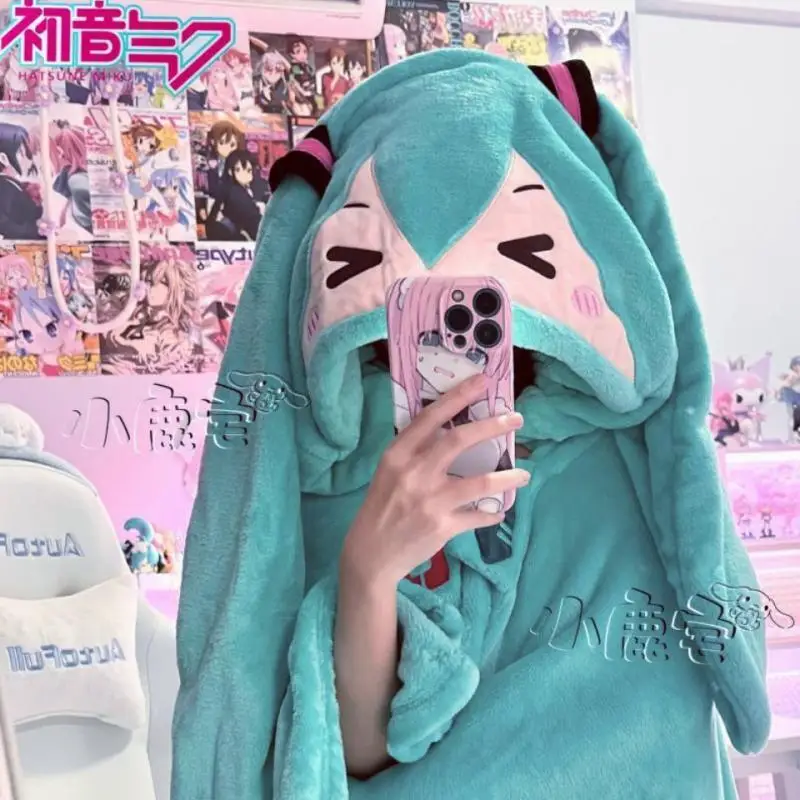 

165x90CM 2023 New Anime Hatsune Miku kawaii Figure flannel hooded blanket keep warm shawl pillow Model girls christmas gift