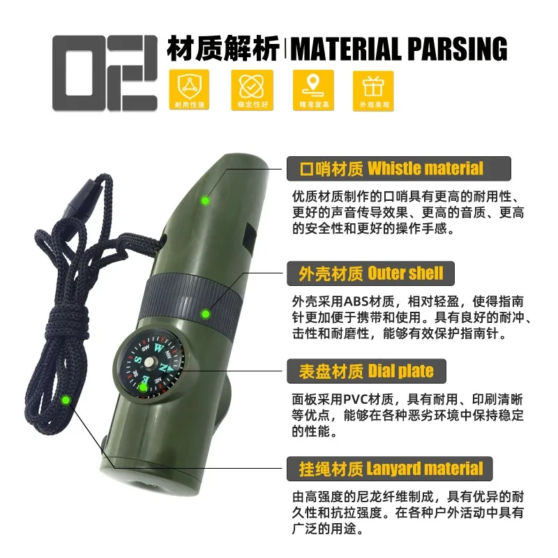 Outdoor Seven-in-one Compass Student Teaching Aid Whistle, Multi-function with LED Light Thermometer Whistle
