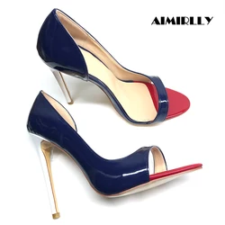 Women Peep Toe High Heel Sandals Stiletto Patchwork Red Toe Party Dress Shoes