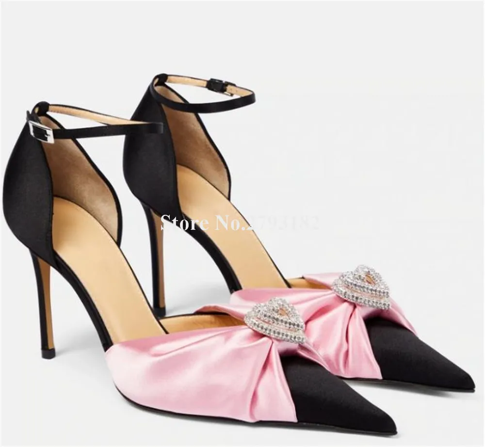 Ladies Charming Pink Patchwork Black Rhinestones Stiletto Heel Pumps Pointed Toe Ankle Straps Thin Heel Wedding Heels