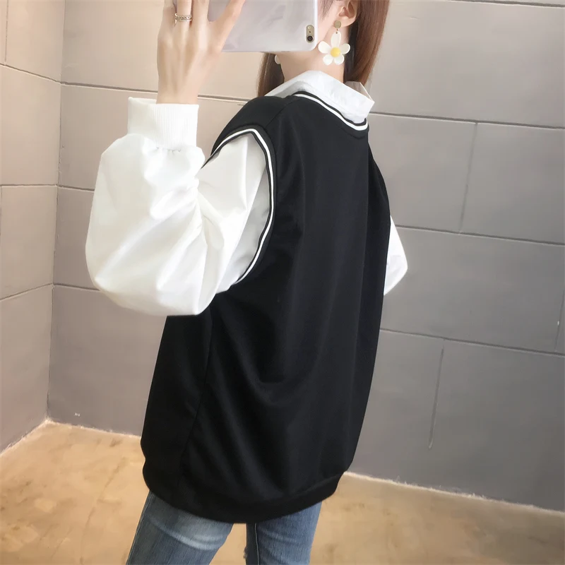 Spring and Autumn Women\'s Polo Neck Long Pullovers Sleeves Splicing Contrast Color Fake Two Pieces Fashion Casual Korean Tops