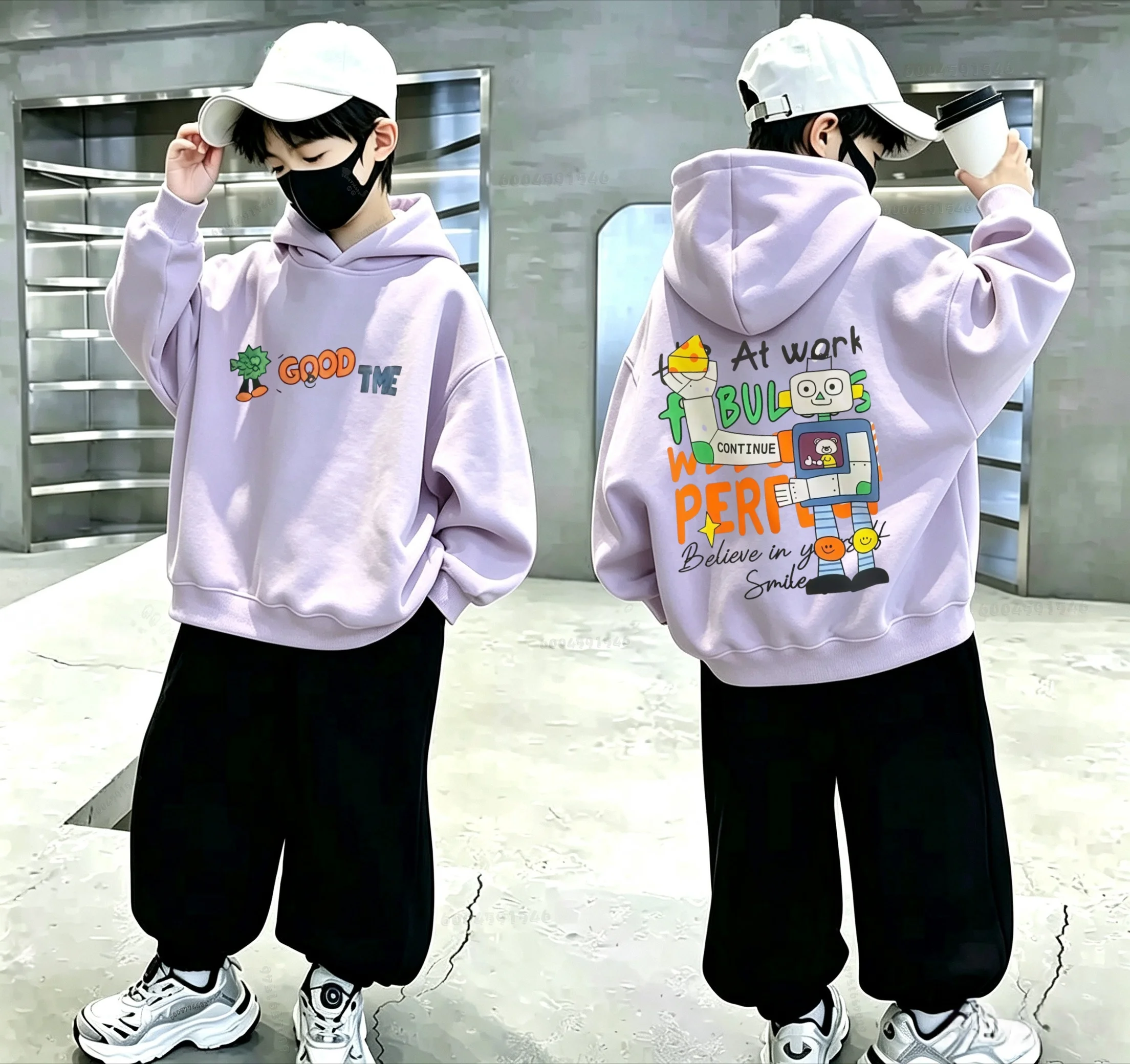 Latest children's hooded sweater. Autumn-winter fun robot letter print loose pullover hoodie children's top.