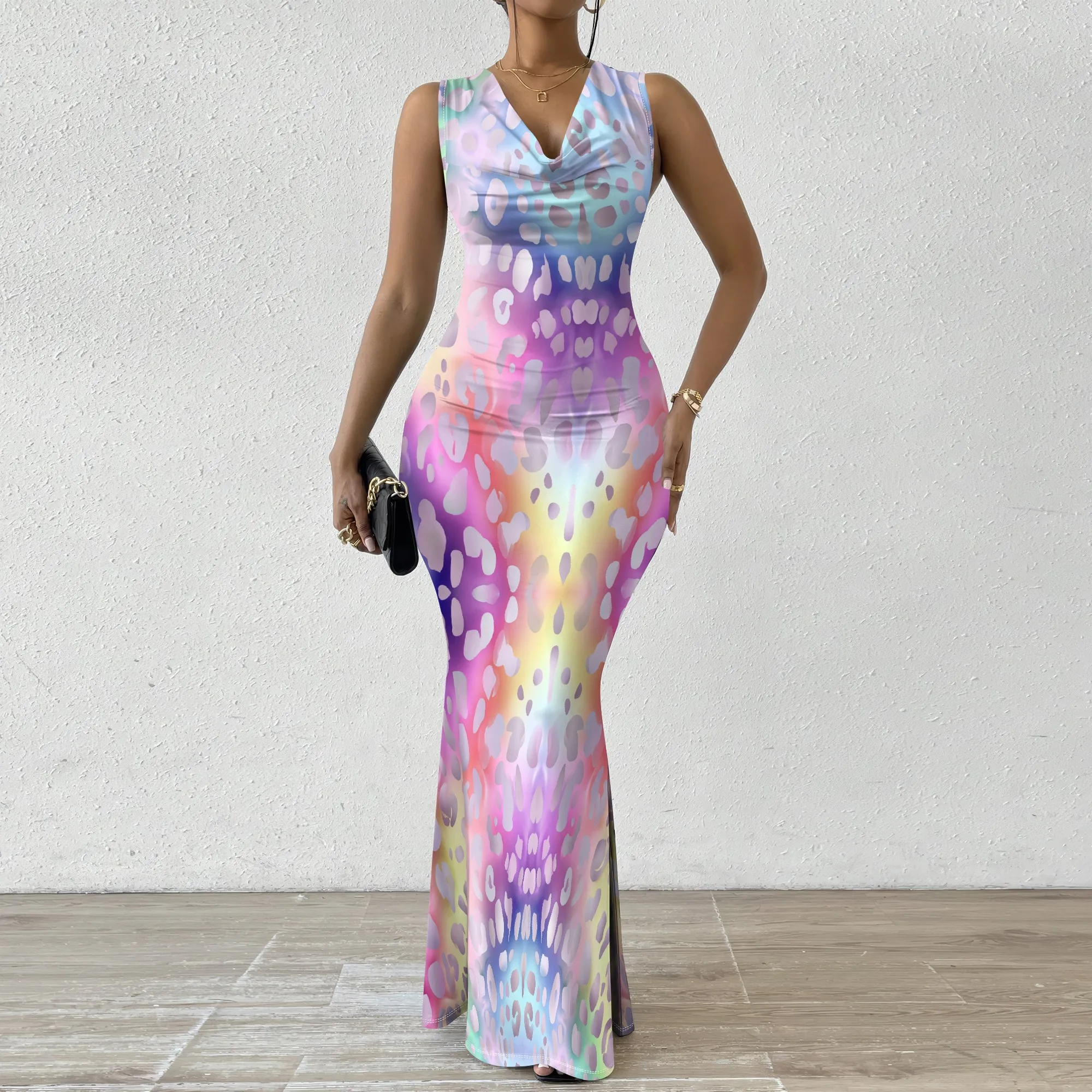 

Rainbow Leopard Print Maxi Dress XS-2XL Sleeveless V-Neck Cowl Style for Pride Month, Y2K Party or Summer Brunch Look