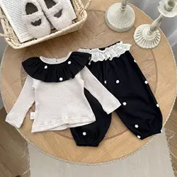 2024 Autumn New Baby Girl Long Sleeve Flower Embroidery Set Infant Toddler Ruffle Collar Solid Bottoming Shirt + Pants 2pcs Suit