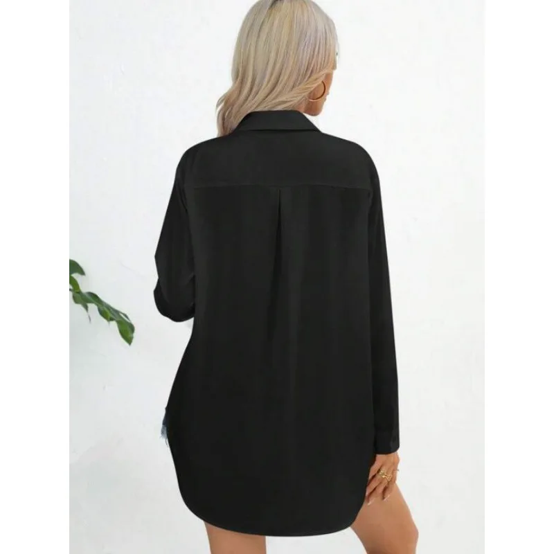 Damska koszula wizytowa plus size, gładka, z długim rękawem, kołnierzykiem i zapinana na guziki, do pracy.