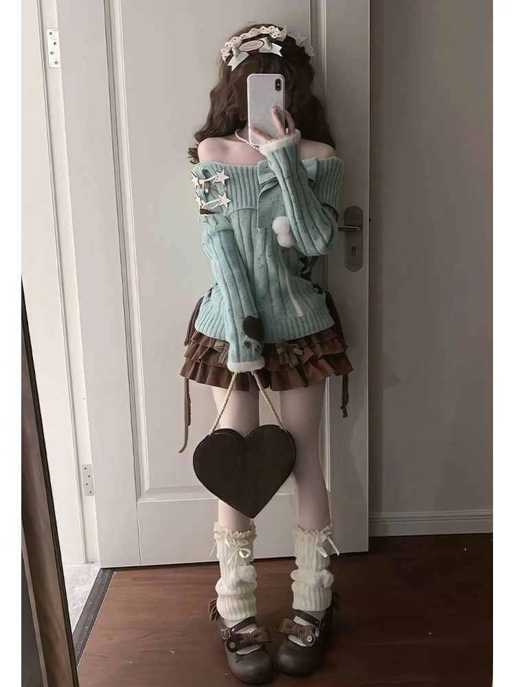 Outono inverno doce sexy y2k e-girls fino ajuste jumpers fora do ombro camisola de malha casual manga longa moda coreana pullovers