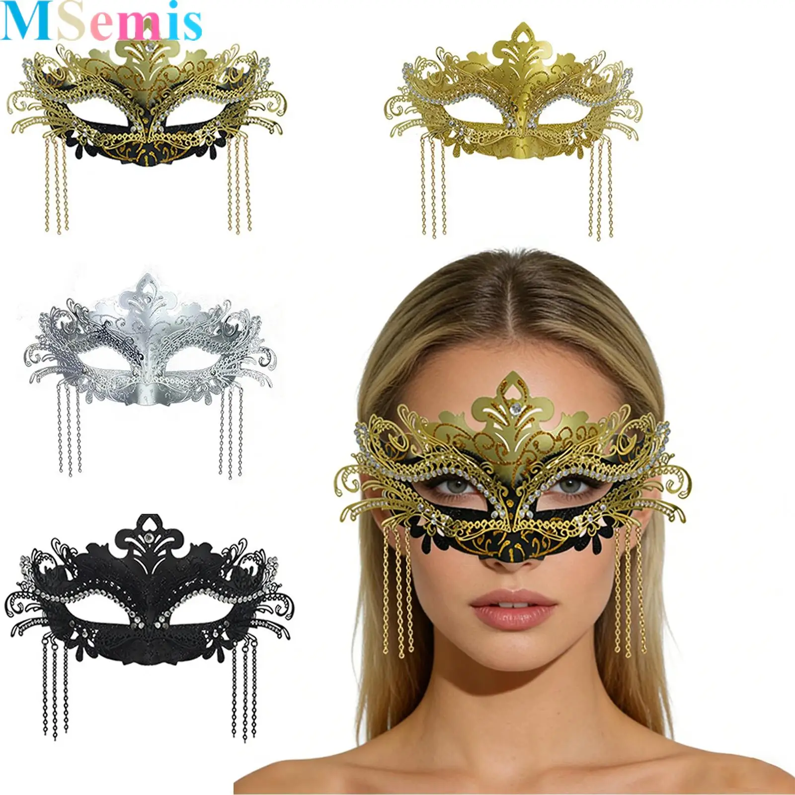 

Women Masquerade Mask with Elastic Band Rhinestone Metal Chain Decoration for Carnival Theme Party Costume Ball