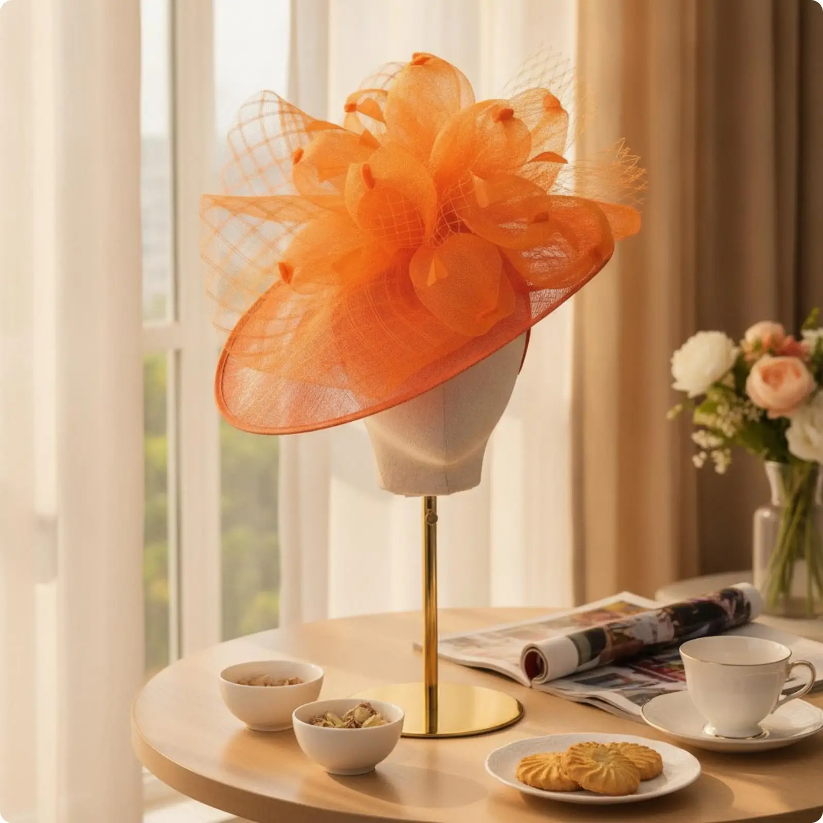 Elegant Women Mesh Fascinator Hat Orange Red Linen Feather Wedding Headpiece for Bride