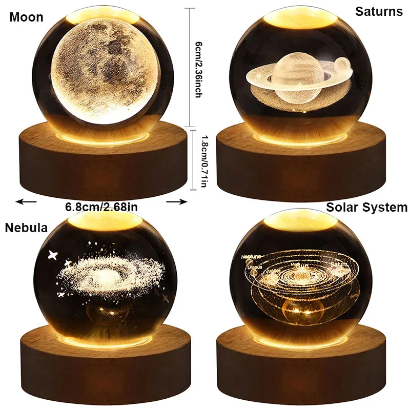 USB Powered 3D Crystal Ball Night Light With Galaxy & Planet Pattern Tabletop LED Fairy Lamp Kid Birthday Gift For Bedroom Decor