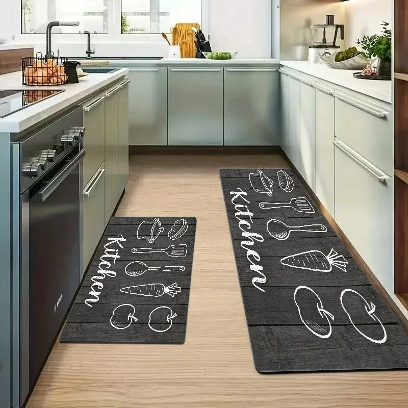 Dark Wood Grain Hand Drawn Kitchen Mat Set Waterproof Non Slip Runner Rug Wear Resistant Easy Wipe Kitchen Doormat