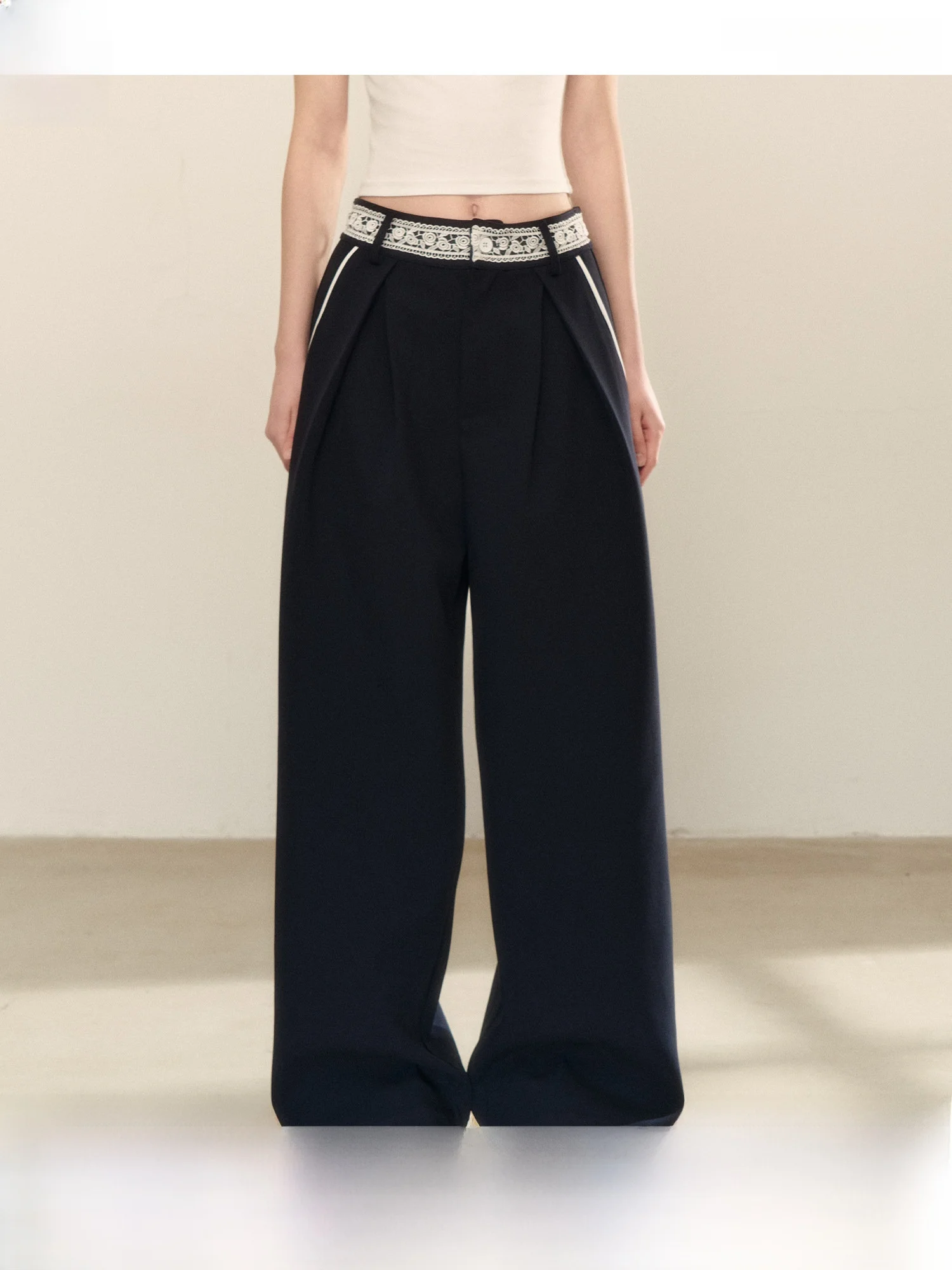 QDQD Pantaloni a gamba larga a vita alta con giunture in pizzo Pantaloni estivi a vita alta casual da pendolare Sle Pantaloni a tubo dritto da donna di colore blu