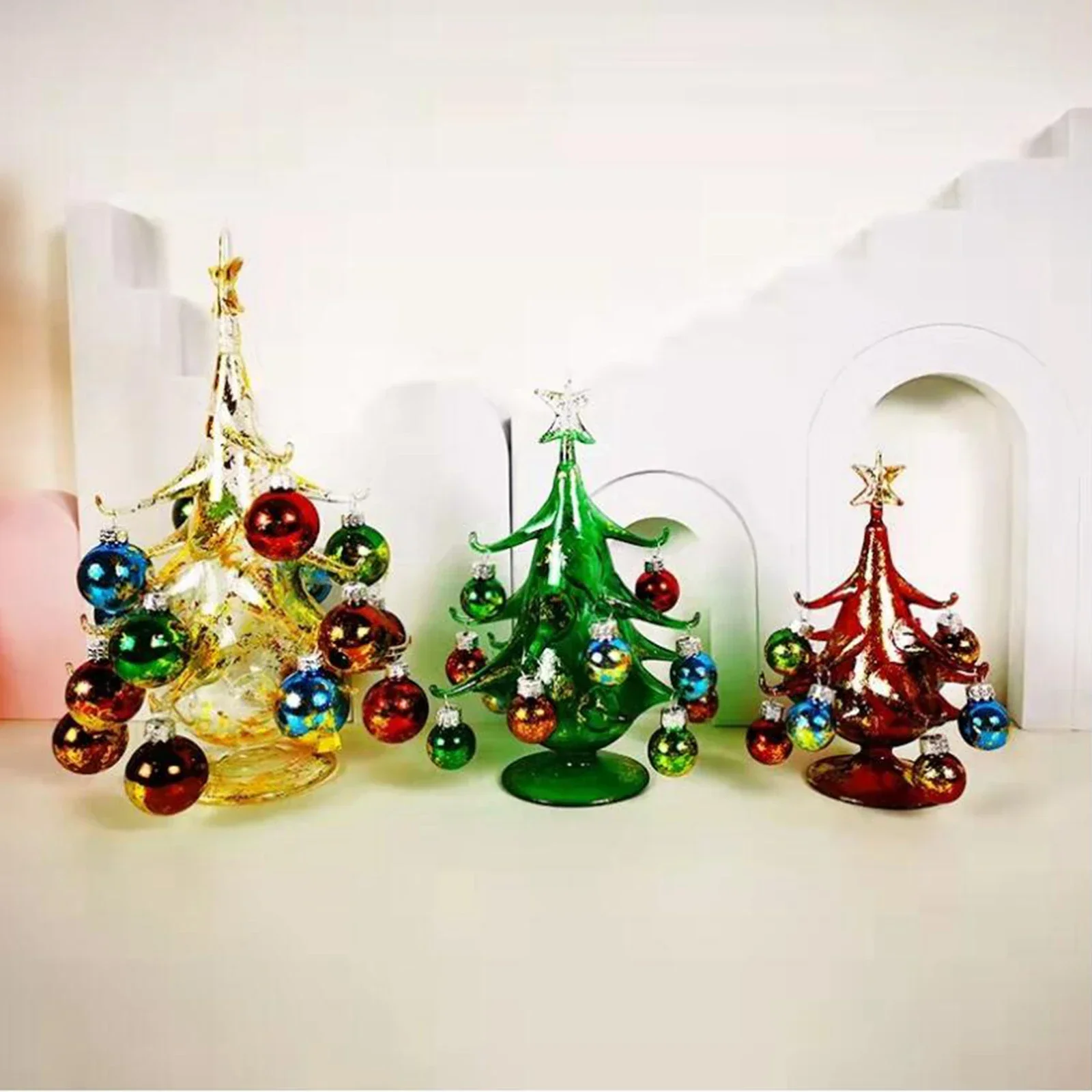 3pcs Handmade Glass Christmas Tree Figurine Mini Crystal Xmas Ornament Tabletop Desktop Home Party Decor Souvenir Gift