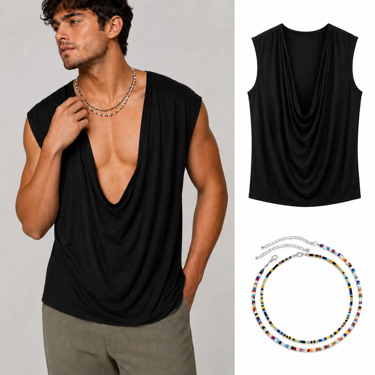 2026 Men's Deep V Neck Top Drape Front Sleeveless Show Off Your Gains Muscle Fit Summer Beach Party Clubwear S-3XL Hot Sale