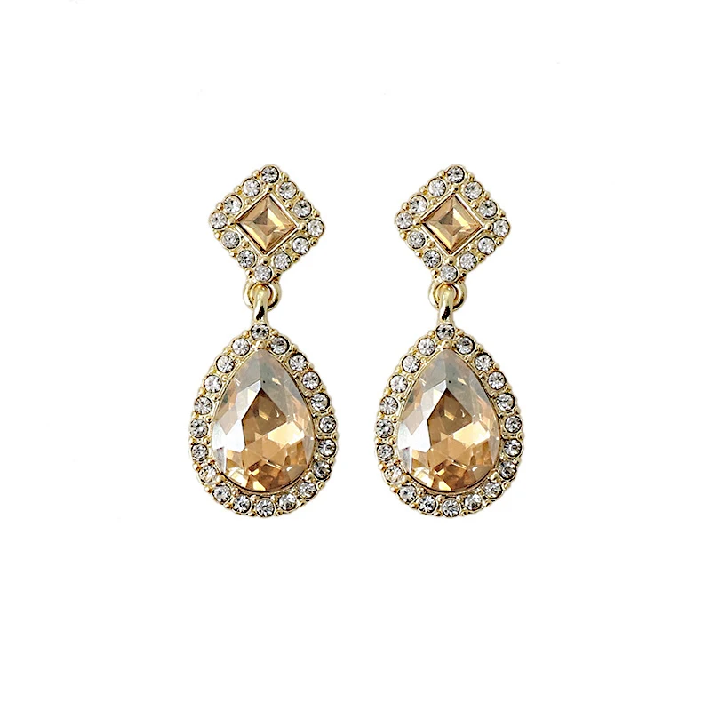 Vintage Waterdrop Champagne Crystal Rhinestone Clip on Earrings for Women No Piercing Femininity Wedding Party Jewelry Gift