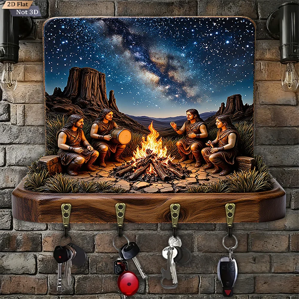 2D Flat, 1pc, Bonfire Starry Sky Tribal Style Key Hook, Wooden Multifunctional Home & House Key Hook, with Four Metal Hooks,