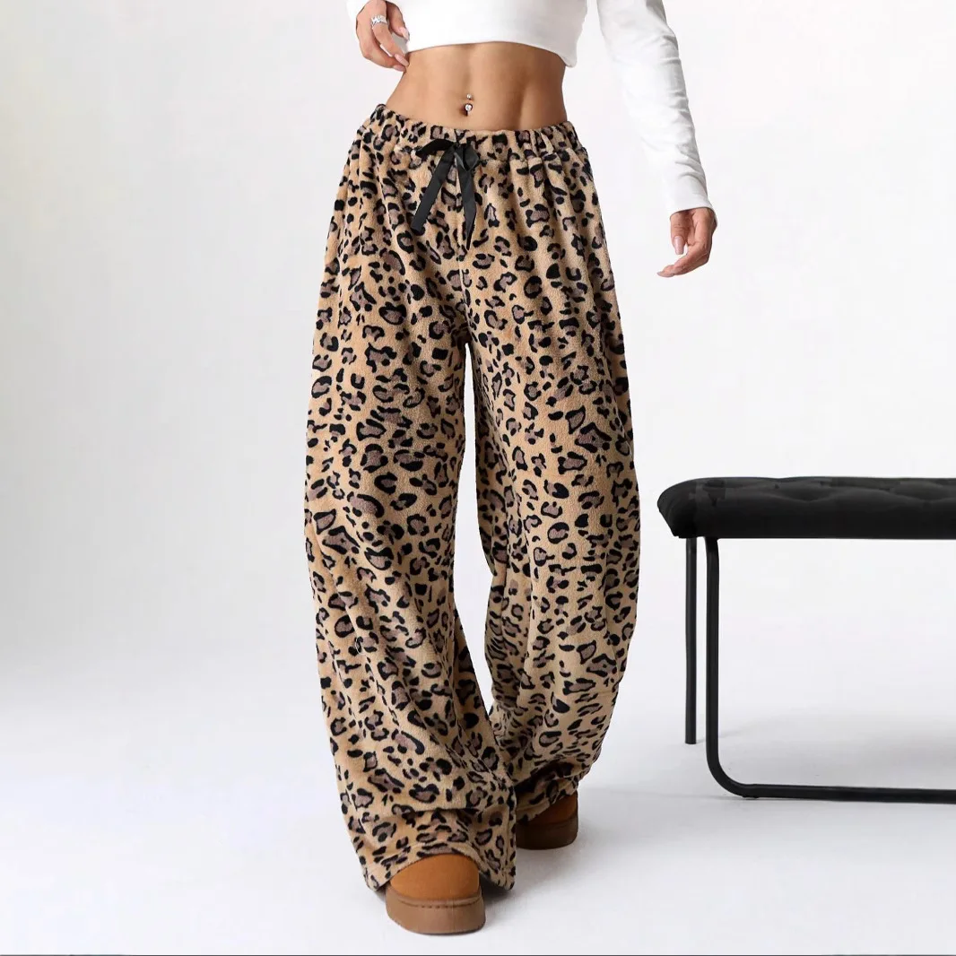 DSMTRC Leopard Furry Pants Loungewear Lace-up Casual Slacks Lady Fashion Streetwear Autumn Winter Warm Bottom Wide Leg Trousers