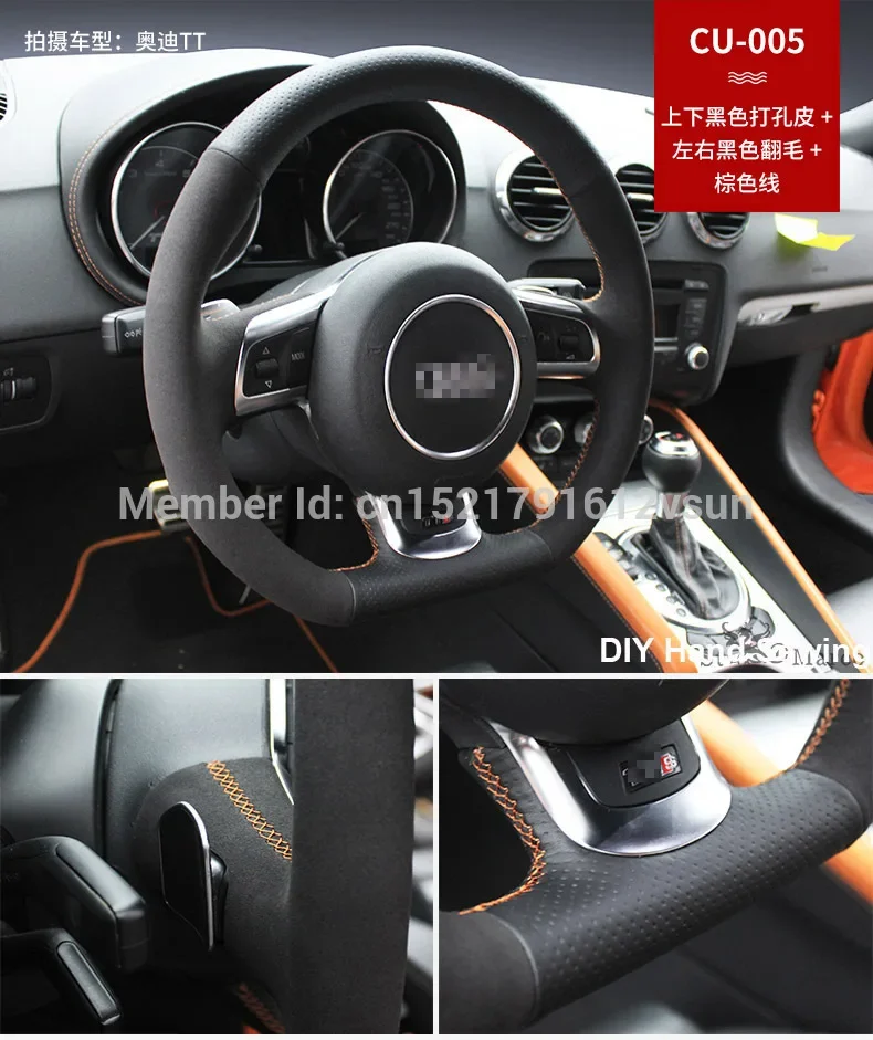 For Audi TT DIY Hand-stitched Anti-Slip Black Leather Black Suede Yellow Thread Steering Wheel Cover