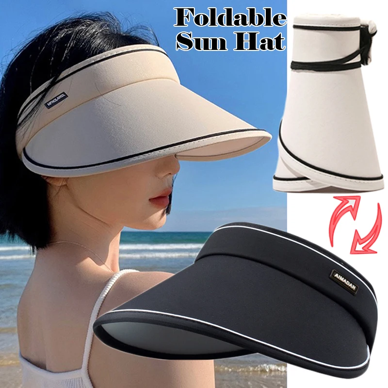 Women Beach Wide Brim Hats Summer Empty Tops Foldable Sun Hat Portable Hair Bands Caps Anti-UV Outdoor Travel Cycling Visor Cap