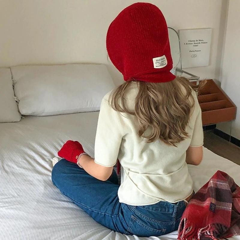 Rib Knit Ear Flap Beanie Hat Solid Color Strap Tie Knitted Hat Winter Hat Label Decor Casual Windproof Headwear Multiple Colors
