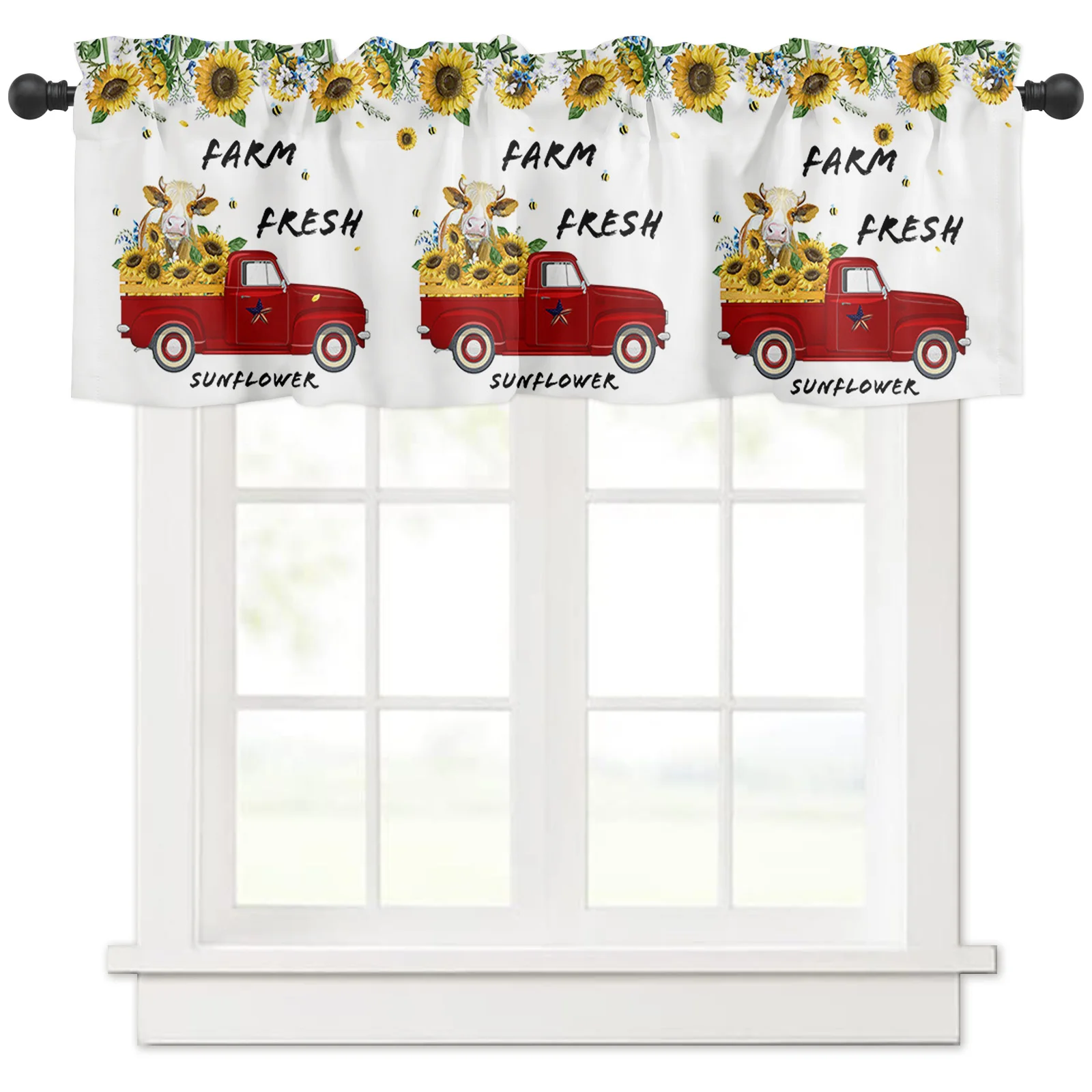 

ZEDLIYU Valance Curtain Kitchen, Rod Pocket Valances Bedroom Decor, Farm Fresh Sunflower Cattle Sunflower on Old Car 1 Panel