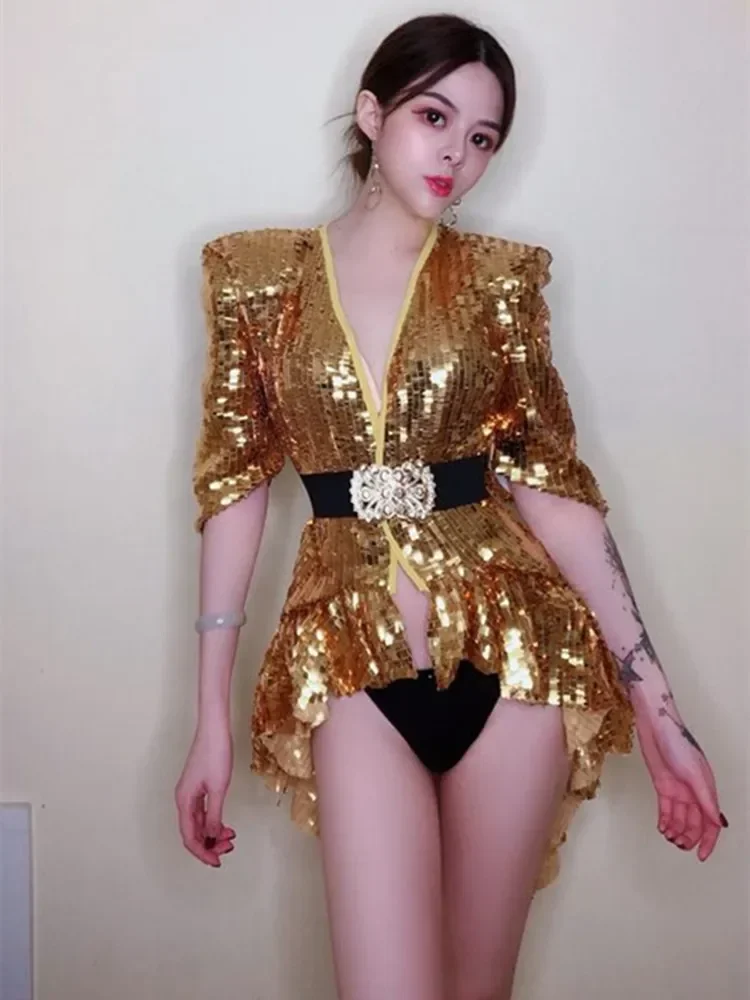 Gold Silver Black Sequins Jacket Tailcoat Fashion Long Coat Female Singer Dancer Stage Performance Jazz Dance Costume Nightclub