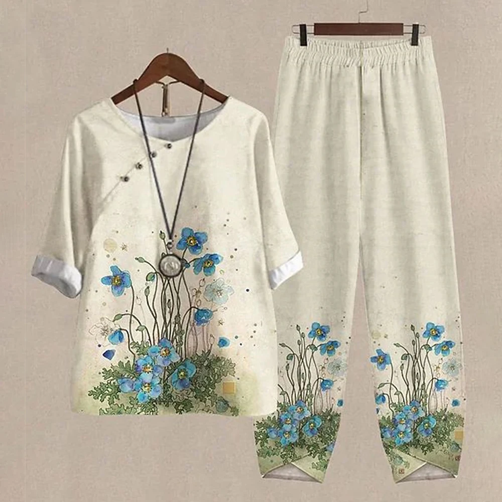 Summer 2 Piece Set Women Loose Short Sleeve Shirt Top High Waist Pants Flower Print Outfits Ladies Elegant Vintage Suit Fall