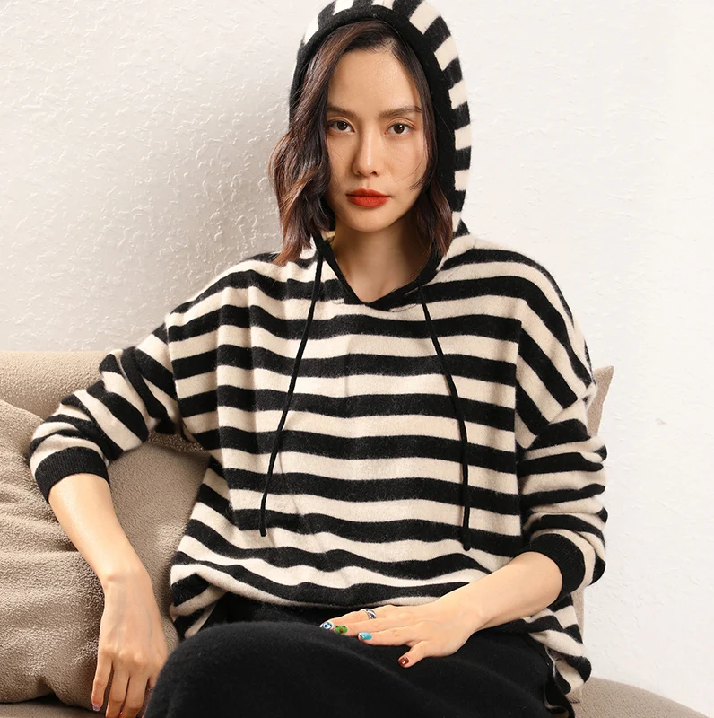 2023 Autumn Winter New 100% Pure Cashmere Sweater Women Hooded Pullovers Warm Tops Female Striped Loose Large Size Knit Jumper