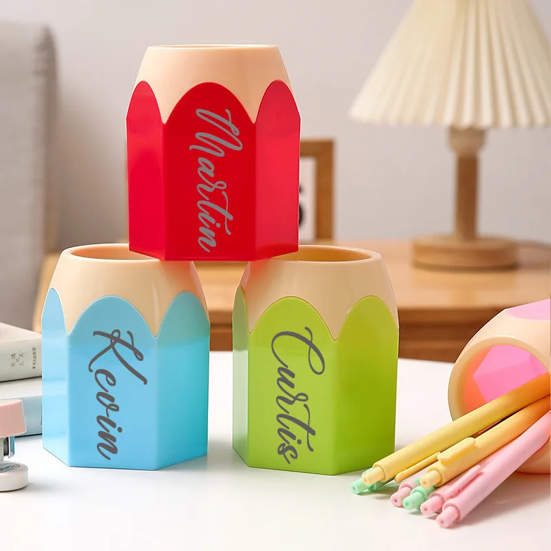 Personalised pencil-shaped pen holder, custom name pencil cup, kids' desktop organiser, custom engraved stationery organiser