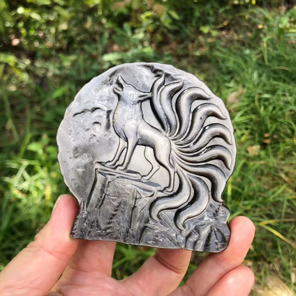 Silver Obsidian Nine Tailed Fox Slab Figurine, Fox Moon Mountain Relief Statue, Crystal Stone Ornament Decoration Craft