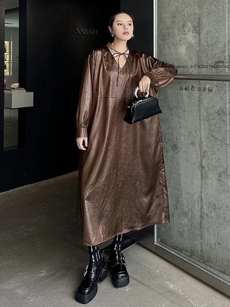 XITAO Pu Patchwork Pocket V-neck Bandage Dresses Solid Color Long Sleeve Pullover Slimming Fashion Dresses 2024 Autumn LJ1015