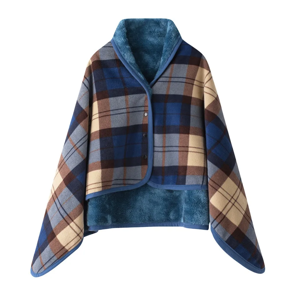 

Lazy Plaid Wearable Blanket Fleece-lined Thicken Casual Office Blanket Polyester with Button Home Shawl Blanket Outdoor Travel