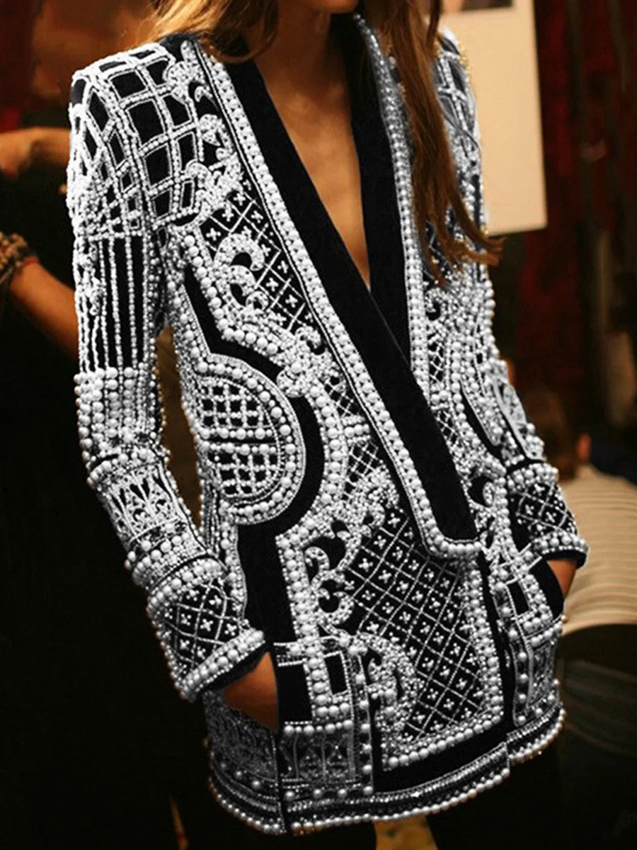 Women V-Neck Geometric Sequined Embroidery Suits Coat Shiny Beaded Pearls Blazers Jacket Slim Long Sleeve Cardigan OL Crop Tops