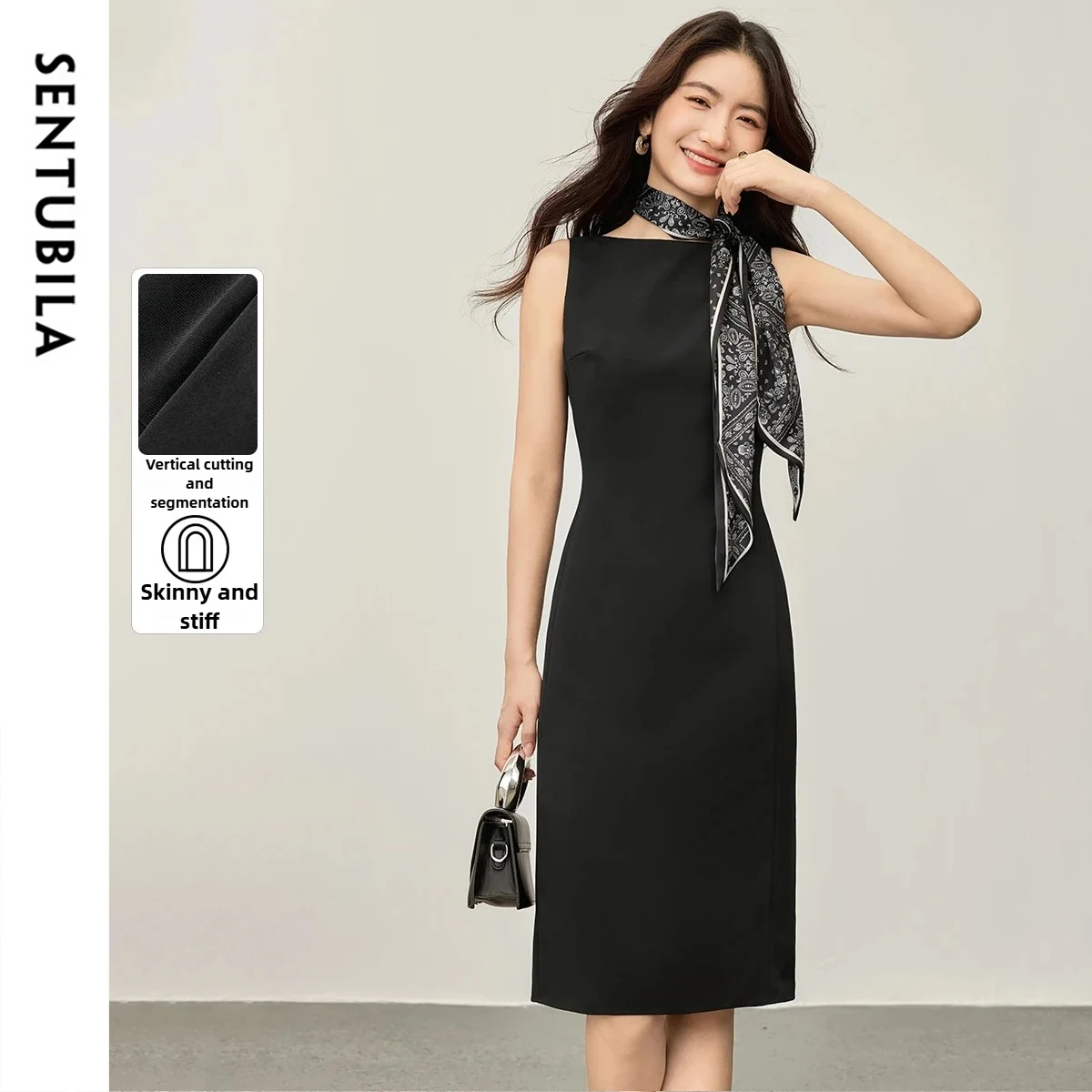 

SENTUBILA Women Sleeveless Black Dress 2025 Spring Fall Temperament Commuter Slash Neck Slim-fit Elegant Dresses Woman 153LB8803
