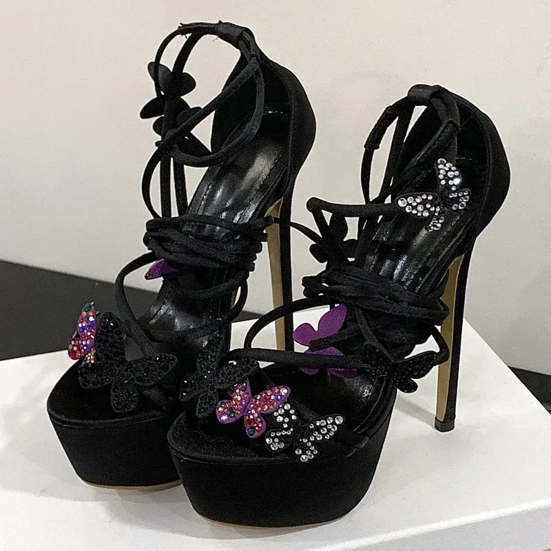 

Novelty Bowknot Design Platform Sandals Women Sexy Lace Up Ultra High Heel Pumps Luxury Party Stripper Designer Heels for Ladies
