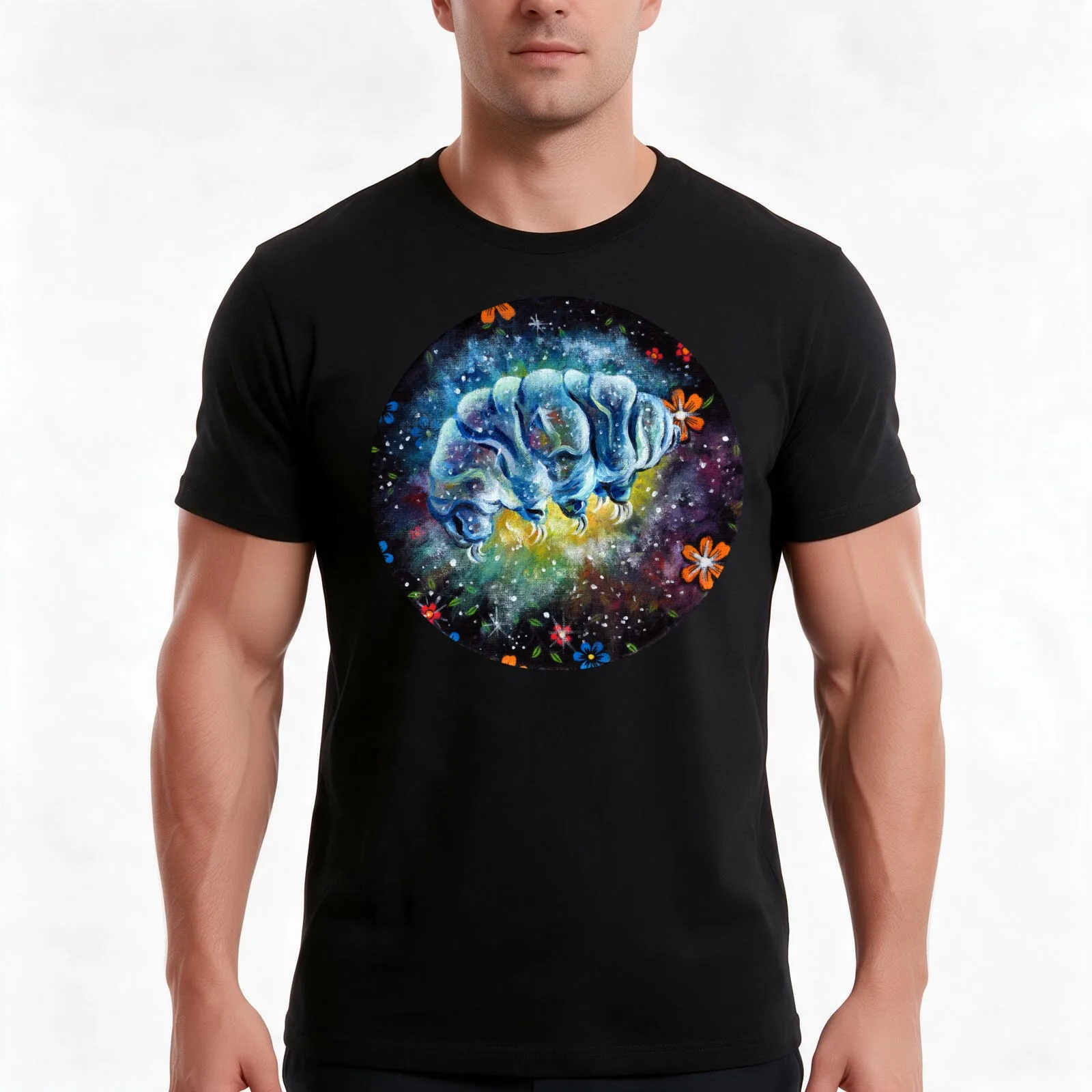 Floral Space Tardigrade- Galaxy Traveling Water Bear T-Shirt Summer Casual Cotton Tee Oversized Streetwear Tops 100% Cotton