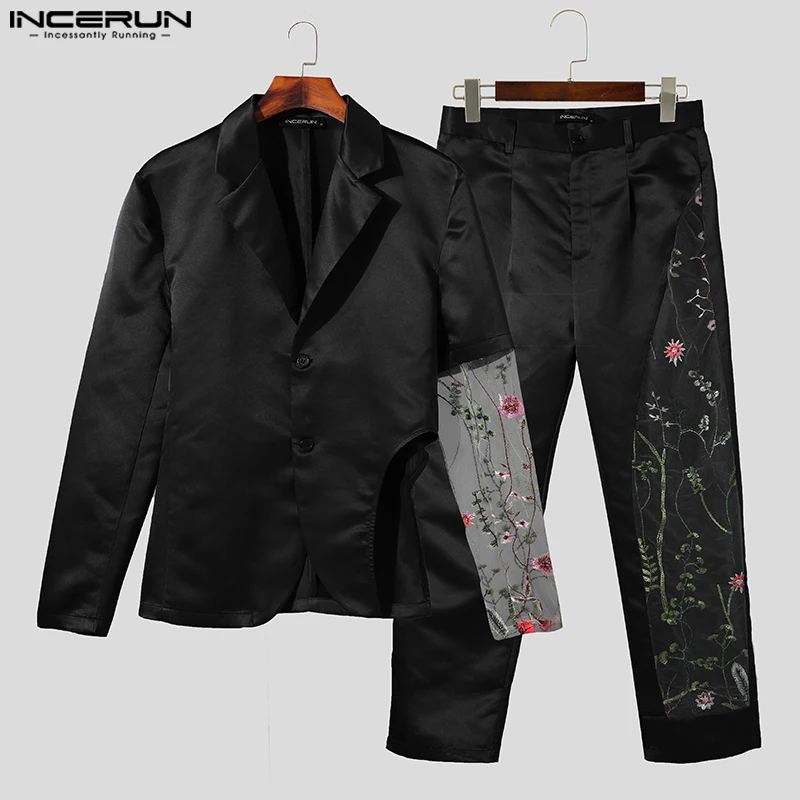 INCERUN 2023 American Style Fashion Men\'s Sets Long Sleeved Suit Jacket Pants Patchwork Lace Flower Hollow Two-piece Sets S-5XL