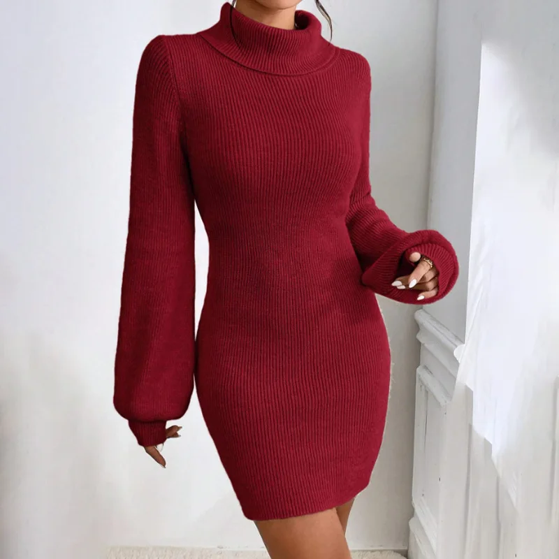 Women's Woolen Dress Is Fashionable Simple Slimming Knitted High Necked Solid Color Hip Hugging Knitted Dress