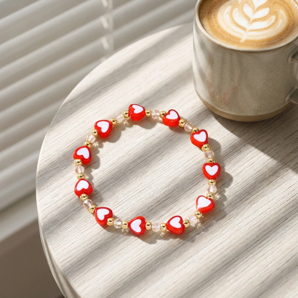 

Boho Red Heart Stretch Bracelet for Women Men Y2K Aesthetic Stackable Gold Color Beaded Couple Bangle Valentine Jewelry Gift
