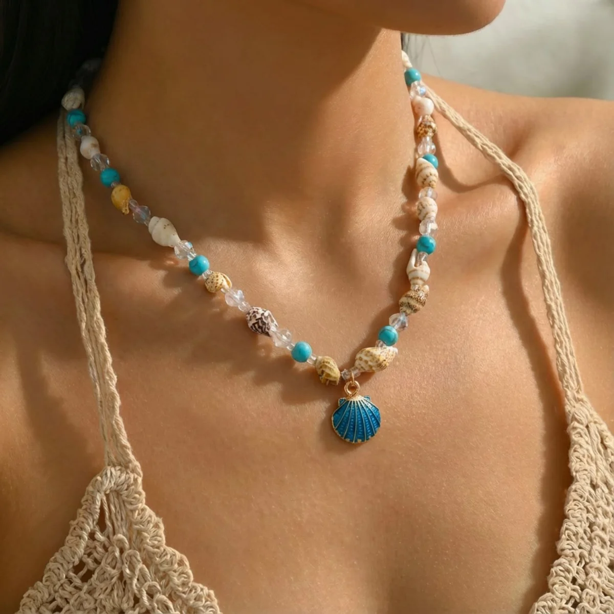 Metall-Seestern-Muschel-Anhänger-Halskette für Damen und Herren, Kristall-Reisperlen-Choker, Bohemian-Strandurlaub, Sommerparty-Schmuck – Detail 20