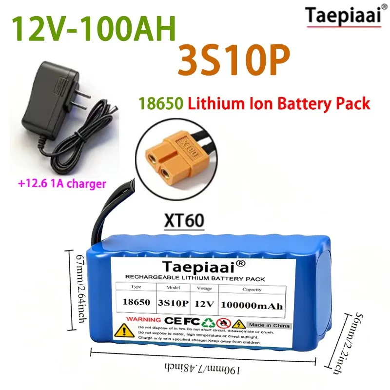 

3S10P 18650 battery pack 12V 100AH Rechargeable Li-ion Battery Super Large Capacity with 12.6V Charger For Drill Power Supply