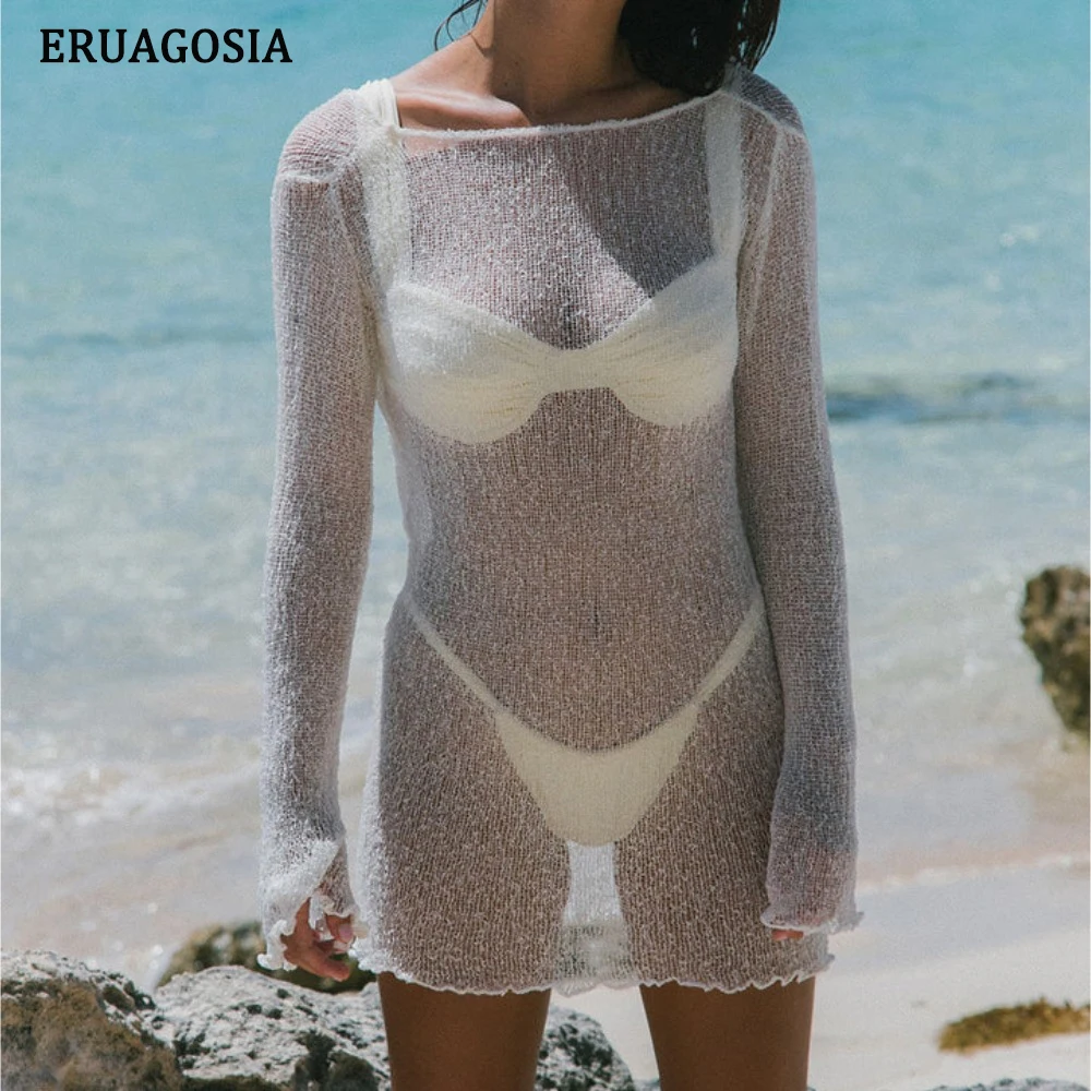 Copricostume da spiaggia per donna copricostume da spiaggia trasparente Sexy copricostume da donna senza schienale con abbigliamento da spiaggia lavorato a maglia a maniche lunghe