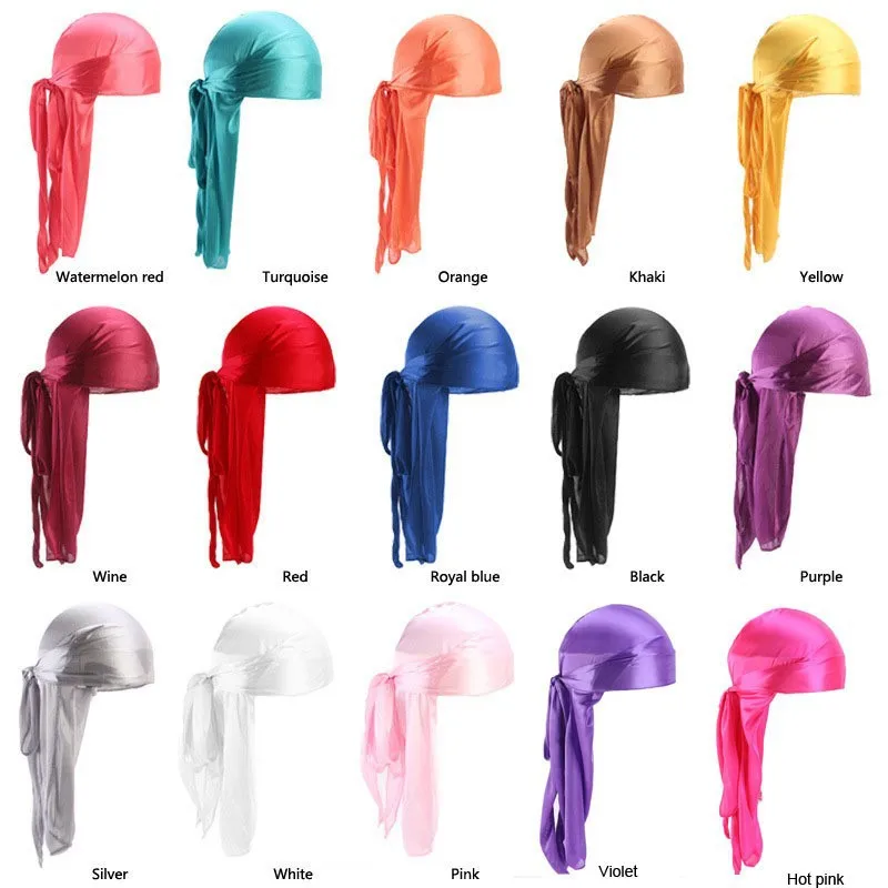 1PC Unisex Long Silky Durag Long Tail Silky Scarf Muslim Doo Rag Pirate Hat Durag Chemo Caps Skull Hat Turban Hair Band Bandanas