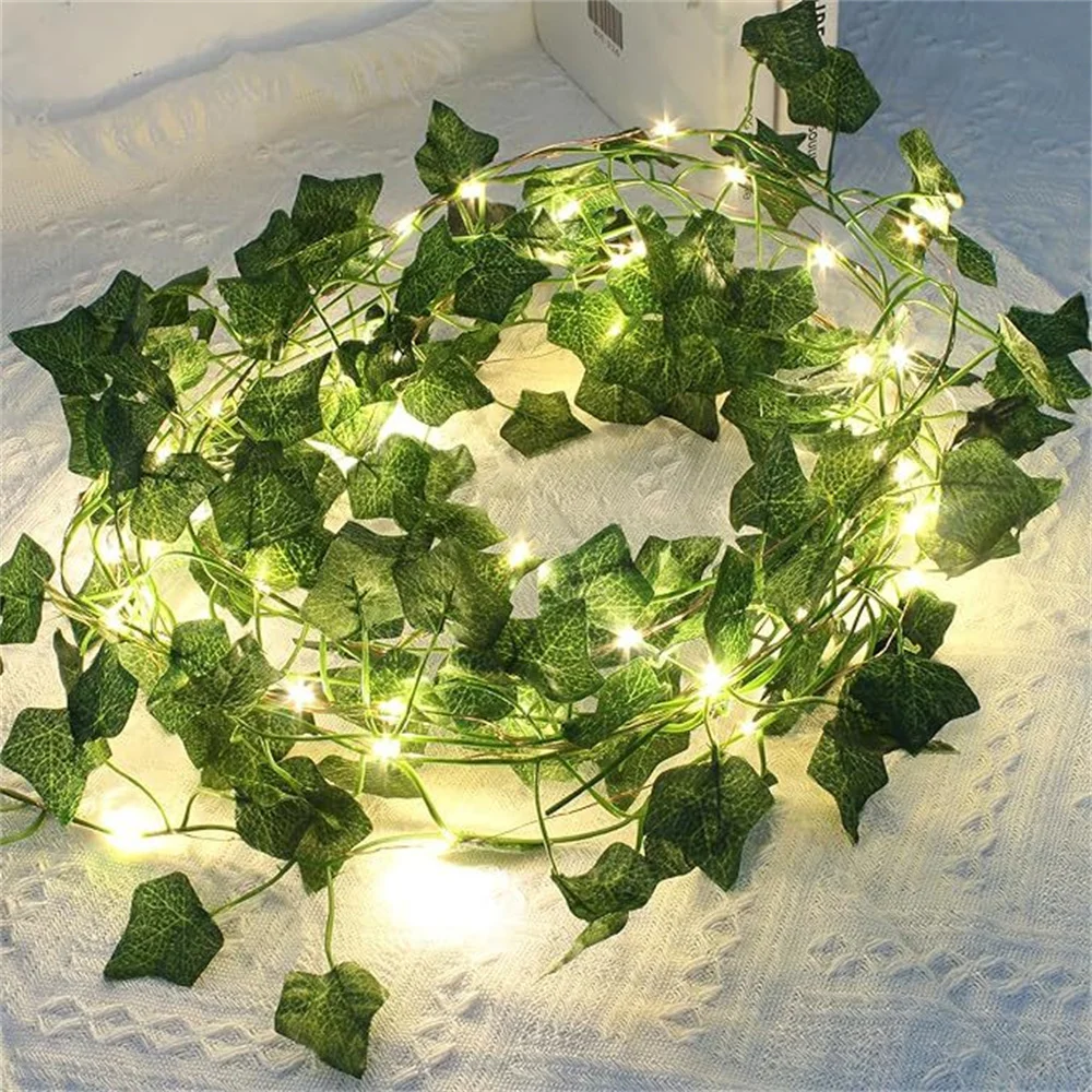 Guirnalda de luces de hoja verde para decoración del hogar, enredadera Artificial, guirnalda de árbol de Navidad, alimentada por batería