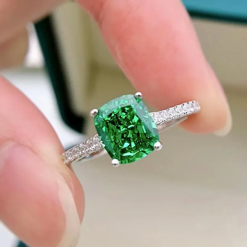 SpringQiaoer  925 Sterling Silver Radiant Cut Emerald Gemstone Ring Anniversary Cocktail Party Fine Women Jewelry