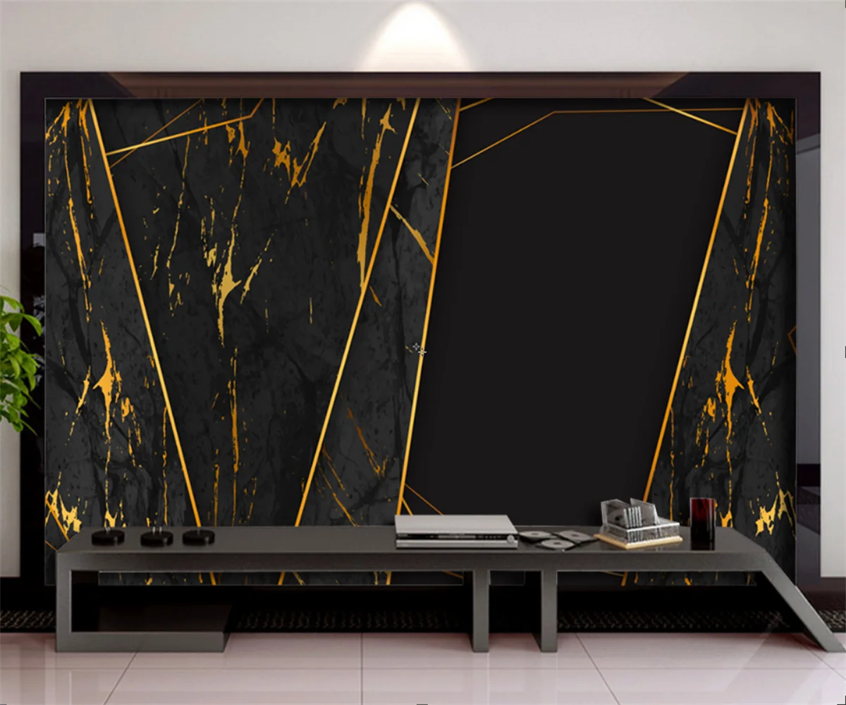 Customized Size Mural Black Background Gold Geometric Lines Marble Wallpaper Black Gold Background Wall Stickers 3d wallpaper